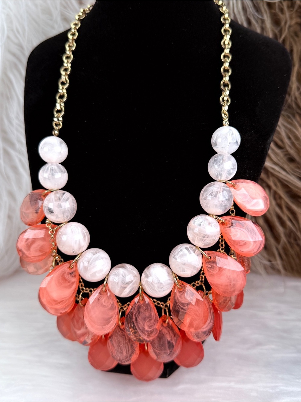 Statement Coral Pink Teardrop Gold Tone Bib Necklace Layered Bold Fashion